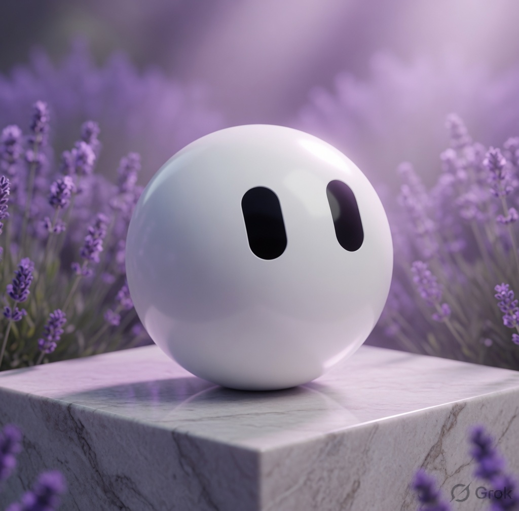 Grok Bot on a marble plinth in lavender